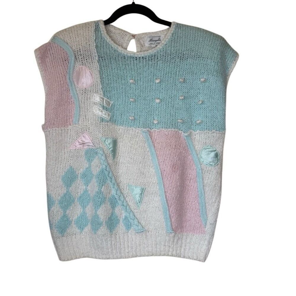 Vintage Margules Sleeveless Pastel Appliqué Sweater Size M Soft Girl, Vintage